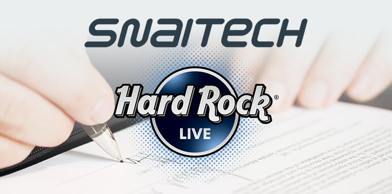 Mano che firma un contratto, logo Snaitech, logo Hard Rock Live